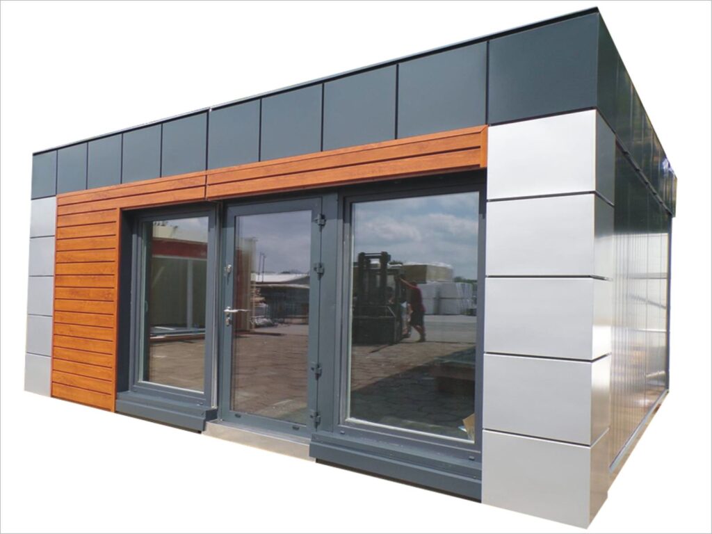 Bürocontainer mit WC kaufen Container Büro mit Bad Dusche und Küche Kosten schlüsselfertig Containerbüro Preis Gartenhaus Office Gartenbüro Glasfront Ideen