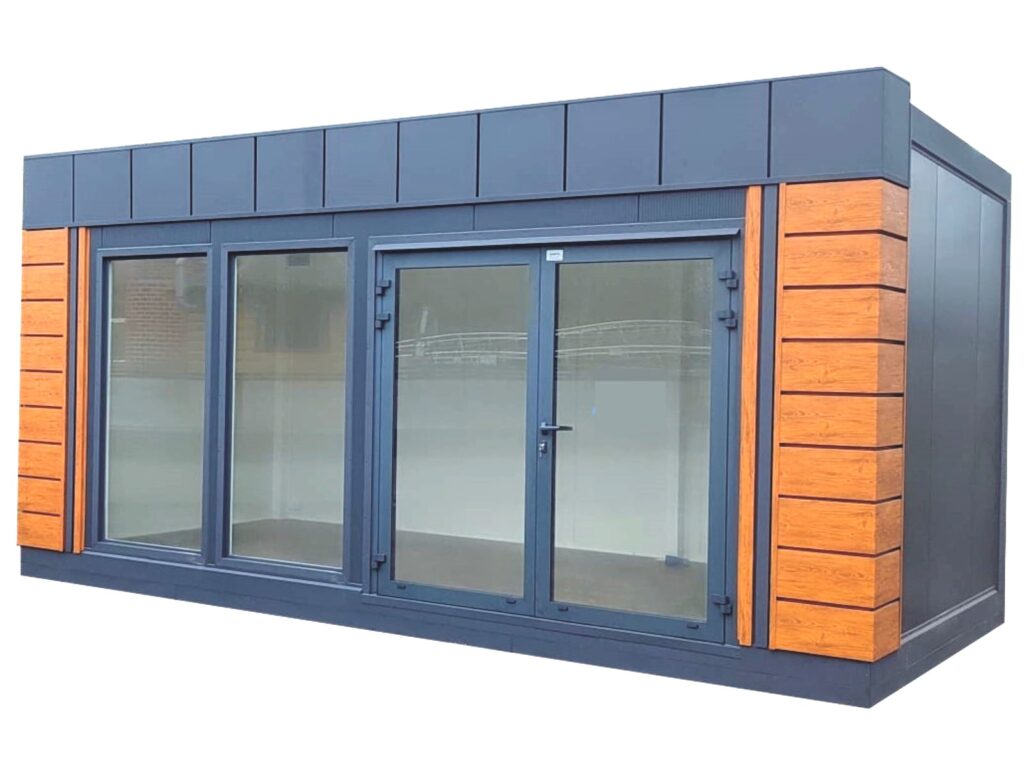 Gartenhaus Glas modern Glasfront kaufen isoliert winterfest Preis Büro Container mit Heizung Bad Küche Dusche WC Design Flachdach luxus 15 18 20 21 24 25 27 30 40 qm m2 cbm m3
