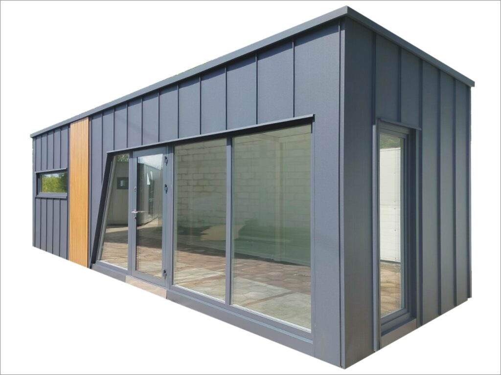 Modernes Gartenhaus Flachdach kaufen Design Büro Home Office zum Wohnen winterfest isoliert Preis mit Heizung WC Bad Küche Glasfront Kosten Glas
