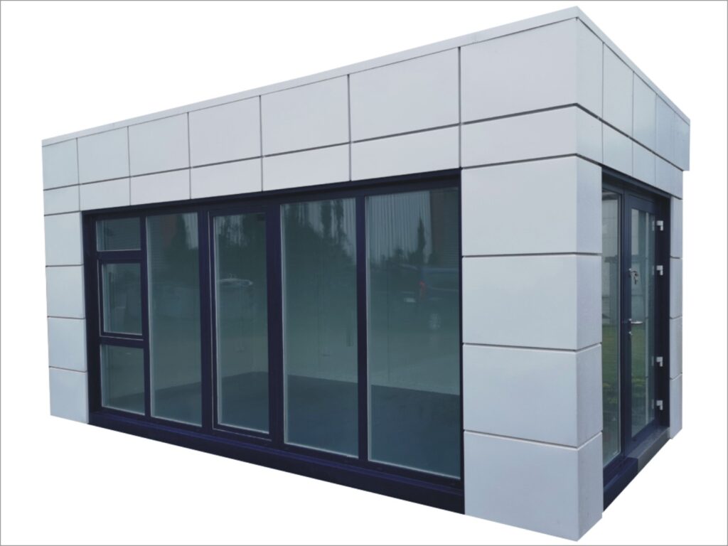 Modernes Gartenhaus Flachdach kaufen Design Büro Home Office zum Wohnen winterfest isoliert Preise mit Heizung WC Bad Küche Glasfront neu Glas