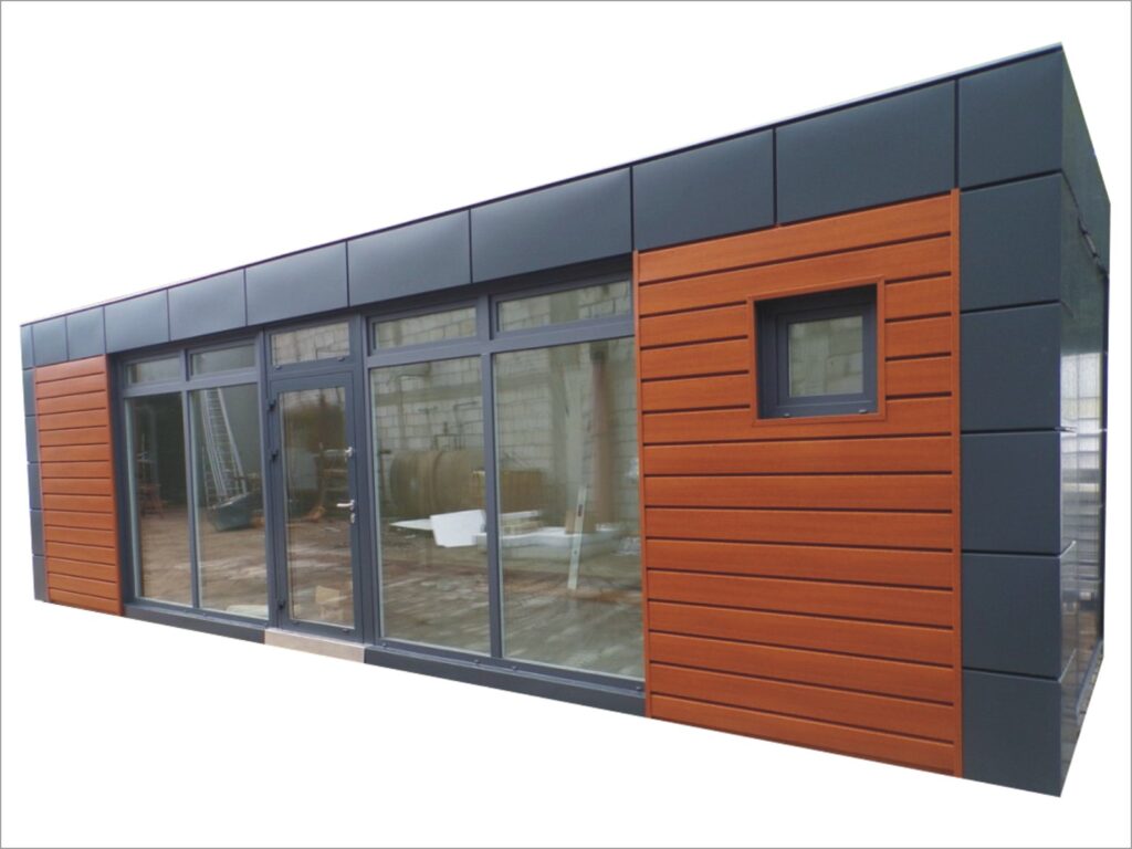 Modernes Gartenhaus Flachdach kaufen Design Büro Home Office zum Wohnen winterfest isoliert neu mit Heizung WC Bad Küche Glasfront Kosten Glas