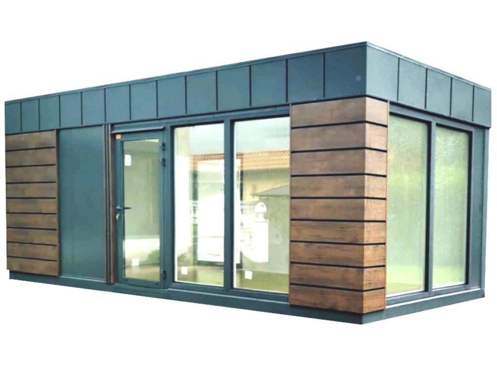 Modernes Gartenhaus Flachdach kaufen Design Büro Homeoffice zum Wohnen winterfest isoliert mit Heizung WC Bad Küche Glas 4 x 3 m 5 x 3 m 6 x 3 m 7 x 3 m 8 x 3 m 9 x 3 m 12 x 3m
