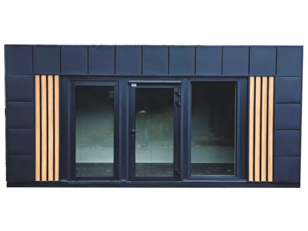 Modernes Gartenhaus Flachdach kaufen Design Büro Homeoffice zum Wohnen winterfest isoliert mit Heizung WC Bad neu Glas 4 x 3 m 5 x 3 m 6 x 3 m 7 x 3 m 8 x 3 m 9 x 3 m 12 x 3 m