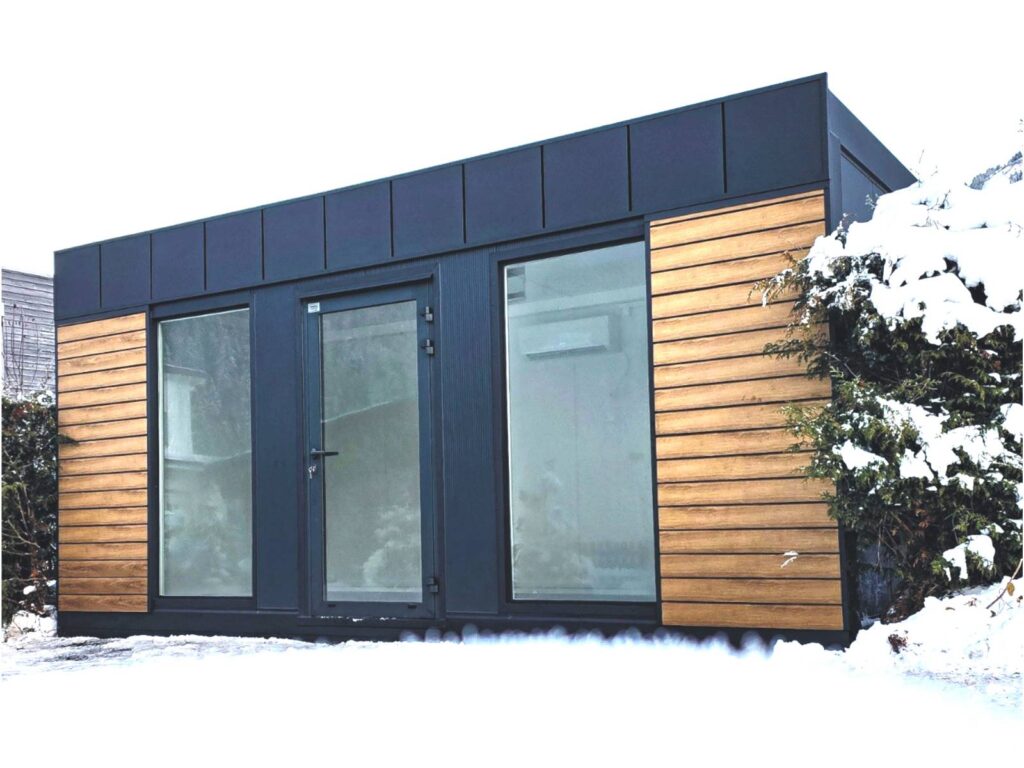 Modernes Gartenhaus Flachdach kaufen Design Büro Homeoffice zum Wohnen winterfest neu isoliert mit Heizung WC Bad Glas 4 x 3 m 5 x 3 m 6 x 3 m 7 x 3 m 8 x 3 m 9 x 3 m 12 x 3 m