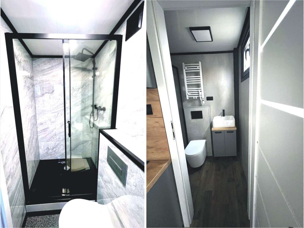 Tiny House Bad mit WC Dusche ganzjährig bewohnbar kaufen Preis mit Küche Container modern winterfest schlüsselfertig Minihaus Garten Kosten Tinyhaus Preise in der Nähe