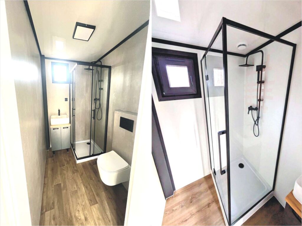 Tiny House innen Bad mit Dusche WC kaufen Preise ganzjährig bewohnbar winterfest Büro schlüsselfertig Minihaus Kosten Tinyhaus Preis nach Maß in der Nähe Gästehaus