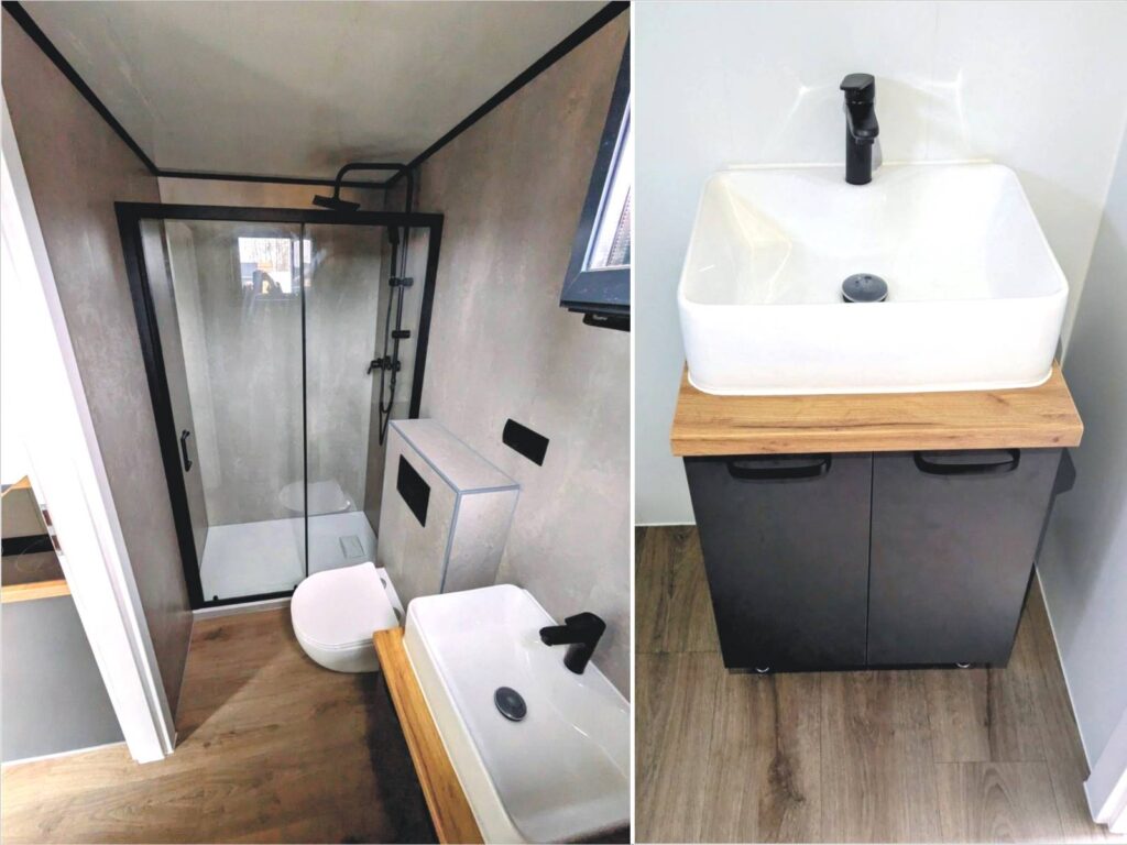 Tiny House innen Bad mit WC Dusche kaufen Preise ganzjährig bewohnbar winterfest Büro schlüsselfertig Minihaus Kosten Tinyhaus Preis nach Maß in der Nähe Satteldach Gästehaus