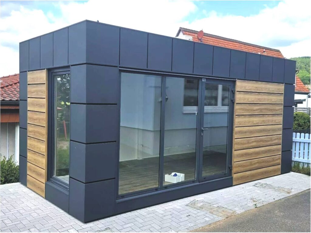 Tiny Office Garten kaufen Büro Homeoffice Container Preise mit WC Küche winterfest schlüsselfertig Minihaus Kosten Tinyhaus Preis 4x3m 5x3m 6x3m 7x3m 8x3m 9x3m 10x3m Glas