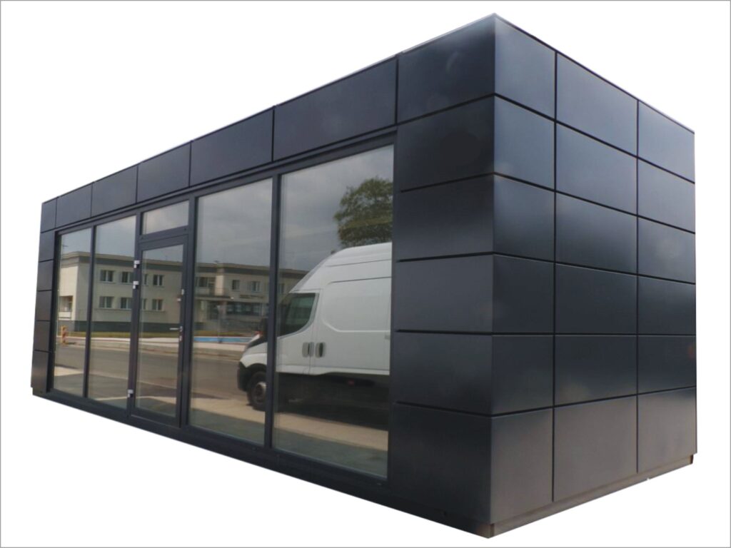 Gebrauchte Bürocontainer Preise 10 20 Fuß kaufen aus Polen 6x3m mit WC und Küche Container Büro schwarz Containerbüro Gartenhaus Homeoffice Gartenbüro Glas