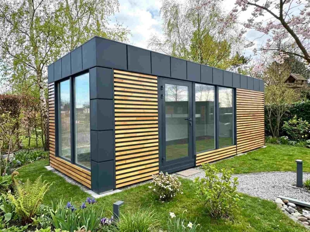 Gartenhaus Container kaufen isoliert winterfest Preise Gartencontainer mit Heizung Klima Dusche WC Bad Küche Gästehaus Büro Design modern gedämmt Glas Garten Holzoptik Ideen