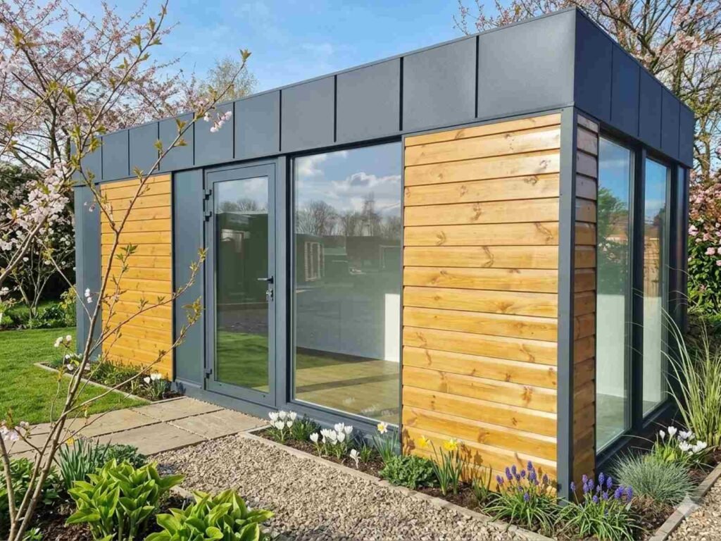 Gartenhaus modern kaufen isoliert winterfest Glas Preise mit Aufbau Glasfront mit Heizung Bad Küche Dusche WC Flachdach Design neu 12 15 18 20 21 24 25 27 30 40 50 qm m2 cbm m3 Ideen