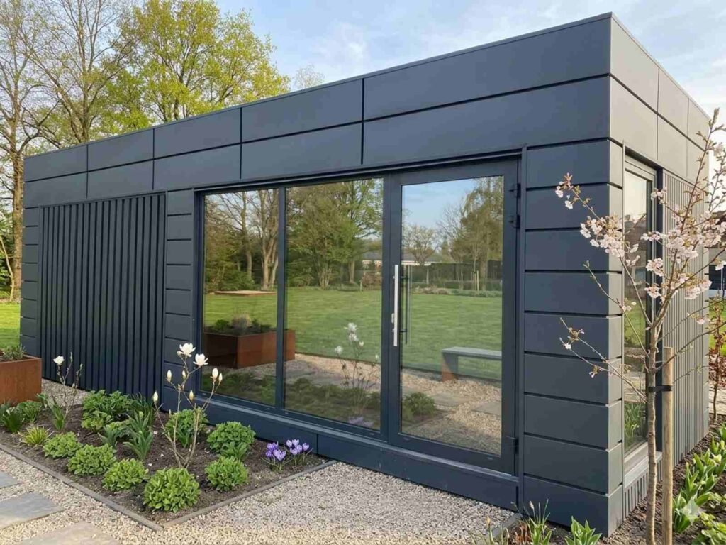 Gartenhaus modern kaufen isoliert winterfest luxus premium Glas Preise mit Aufbau Glasfront mit Heizung Bad Küche Dusche WC Flachdach Design 12 15 18 20 21 24 25 27 30 40 50 qm m2 m3