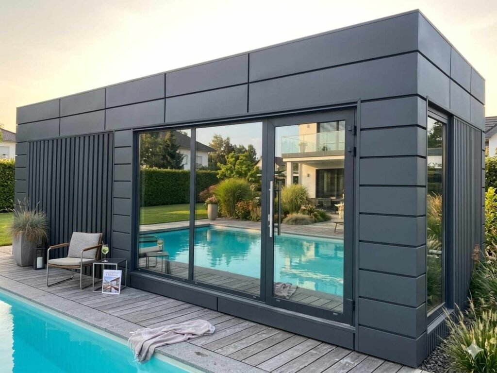 Poolhaus Garten modern kaufen Glas Design anthrazit Flachdach Poolhäuser Deutschland Gartenhaus Container klein groß Montage 15 18 20 21 24 25 27 30 40 50 qm m2 m3 cbm
