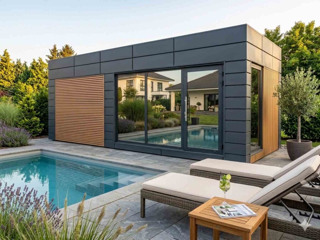 Poolhaus Garten modern kaufen Glas Flachdach Poolhäuser Deutschland Gartenhaus Container klein groß mit Aufbau Aufbauservice Montage neu 15 18 20 21 24 25 27 30 40 50 qm m2 m3 cbm