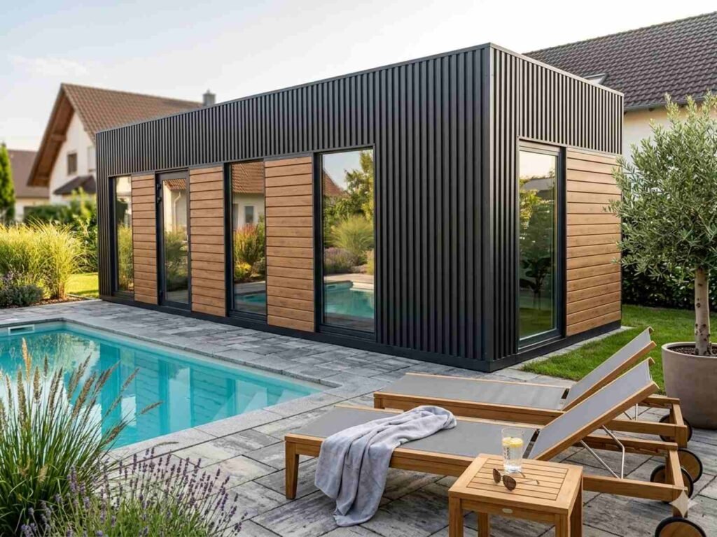 Poolhaus Garten modern kaufen Glas Flachdach neu Poolhäuser Deutschland Gartenhaus Container klein groß mit Aufbau Aufbauservice Montage 15 18 20 21 24 25 27 30 40 50 qm m2 m3 cbm