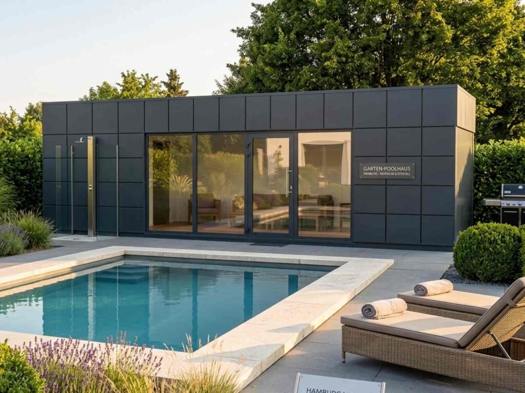 Poolhaus modern kaufen Glas Flachdach im Garten Poolhäuser Deutschland Gartenhaus Container klein groß mit Aufbau Aufbauservice Montage 15 18 20 21 24 25 30 40 50 qm m2 m3 cbm anthrazit