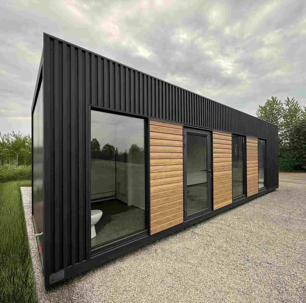 Wohncontainer Ausstellung Bürocontainer Abverkauf Tiny House Musterhaus Gartenhaus kaufen winterfest isoliert modern mit Küche und Bad mit WC A5